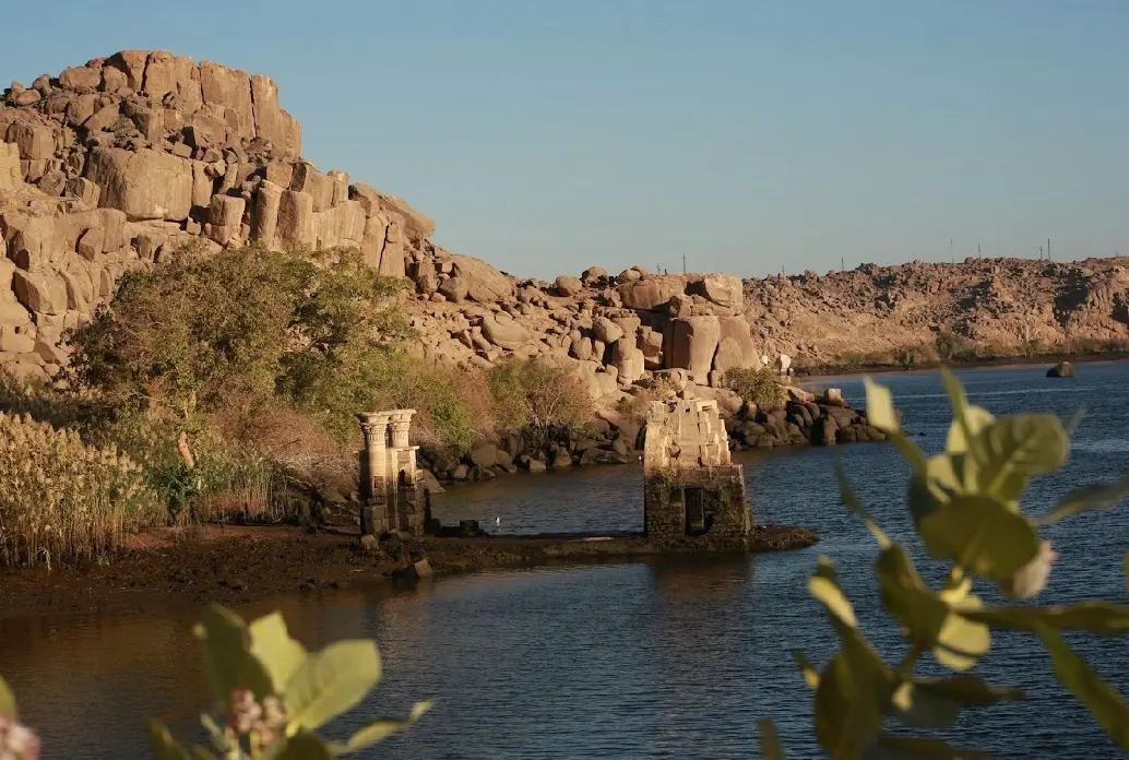 Rocky banks and ancient stone ruins along the Nile